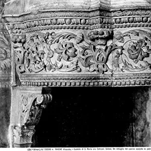 Detail of the stone fireplace, in the salon of the former Villa Da Porto-Colleoni, today Villa Thiene, in Thiene, province of Vicenza