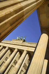 Germany, Berlin, Angular view of the Brandenburg Gate viewed through side columns Germany, Berlin, Angular view of the Brandenburg Gate viewed through side columns