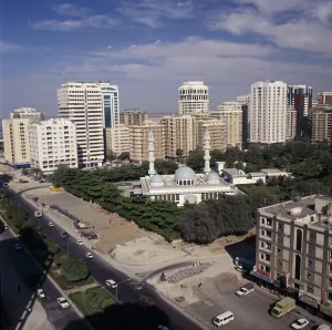 Muslim Prints: UAE Abu Dhabi Elevated view over mosque surrounded by trees
