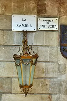 La Rambla street sign and Rambla de Canaletes in the Ramblas, Barcelona, Spain